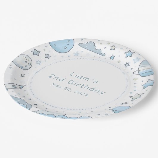 Blue Astronaut Outer Space Rocket Kids Verjaardag Papieren Bordje (Gekanteld)