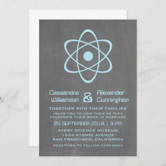 Blue Atomic Chalkboard Wedding Invite Kaart (Voorkant / Achterkant)