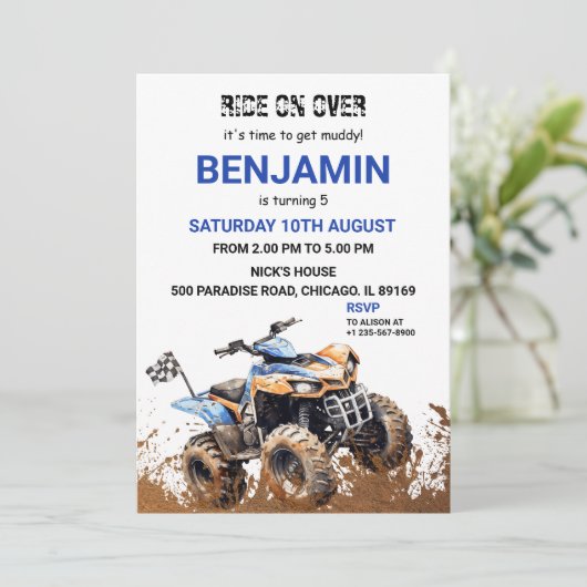 Blue ATV Wheeler Bike Verjaardag uitnodiging (Staand voorkant)
