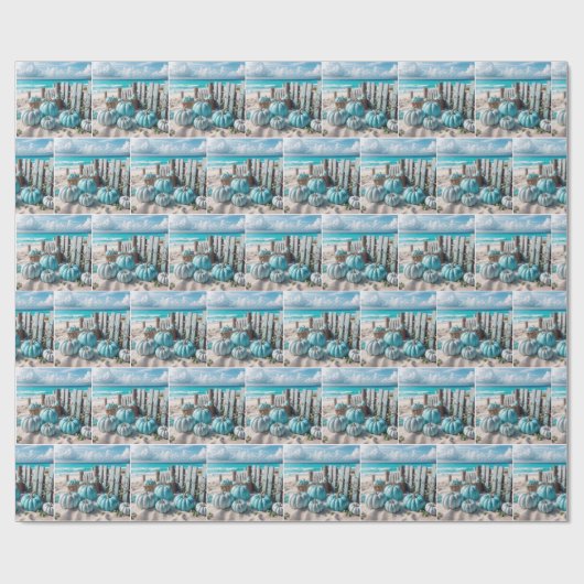 Blue Autumn Beach Pumpkins Cadeaupapier (Vlak)