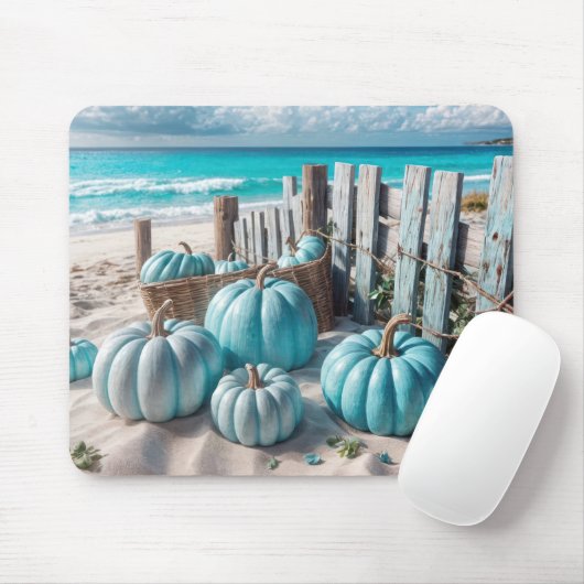 Blue Autumn Beach Pumpkins Muismat (Met muis)