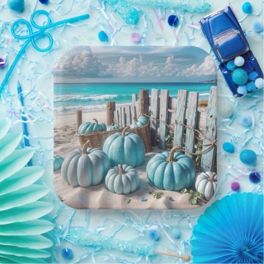 Blue Autumn Beach Pumpkins Papieren Bordje (Feest)