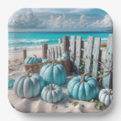 Blue Autumn Beach Pumpkins Papieren Bordje (Voorkant)
