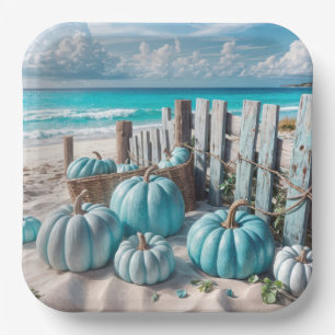 Blue Autumn Beach Pumpkins Papieren Bordje