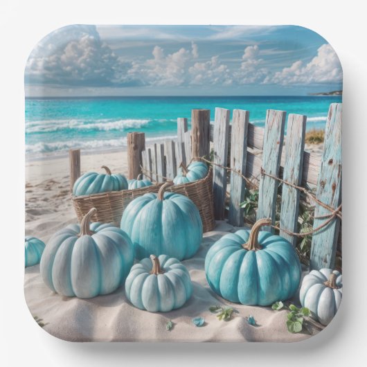 Blue Autumn Beach Pumpkins Papieren Bordje (Voorkant)