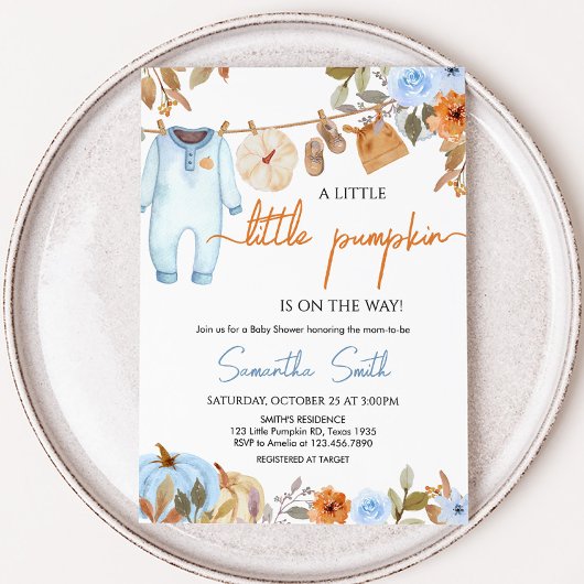 Blue Autumn Floral Pumpkin Baby shower Kaart