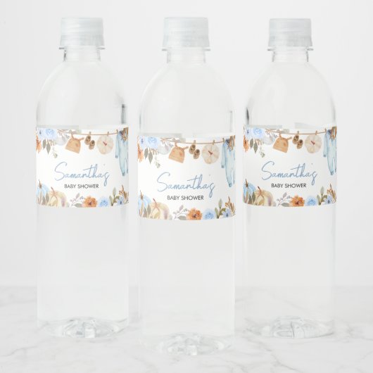 Blue Autumn Floral Pumpkin Baby shower Waterfles Etiket (Flessen)
