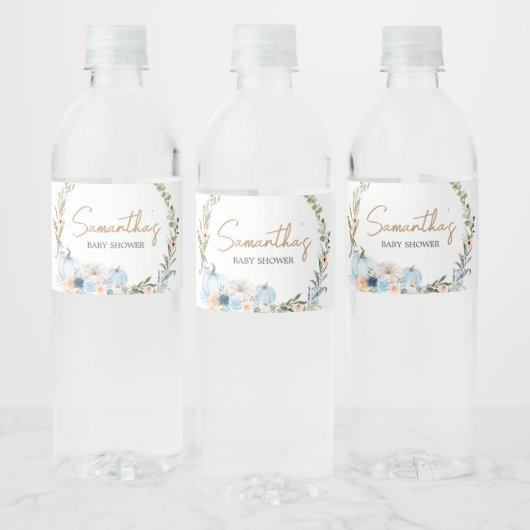 Blue Autumn Flowers Pompoen Baby shower Waterfles Etiket (Flessen)