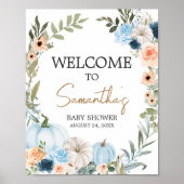 Blue Autumn Flowers Pumpkin Baby shower Welkom Poster (Voorkant)