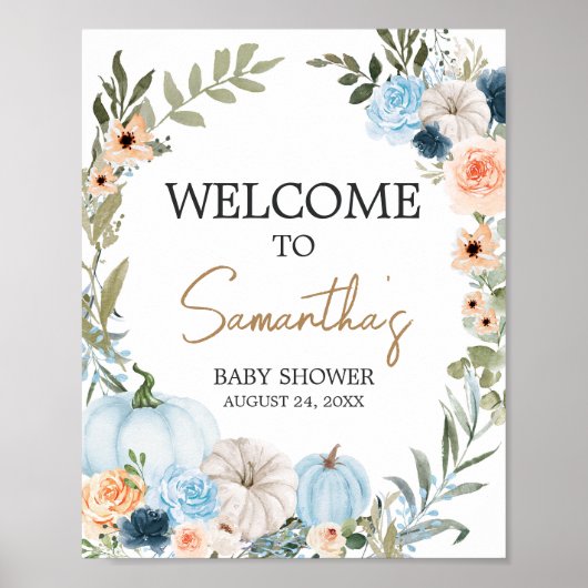 Blue Autumn Flowers Pumpkin Baby shower Welkom Poster (Voorkant)