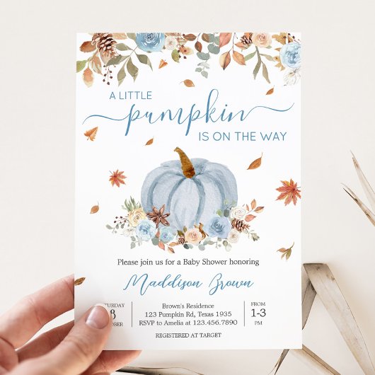 Blue Autumn Little Pumpkin Baby shower Kaart