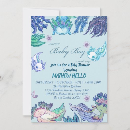 BLUE AXOLOTL Baby shower Uitnodigingsjongen Kaart (Voorkant)