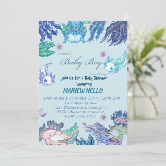 BLUE AXOLOTL Baby shower Uitnodigingsjongen Kaart (Staand voorkant)