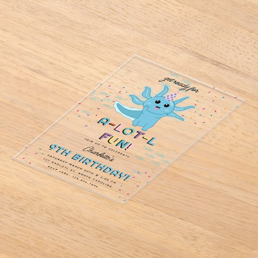 Blue Axolotl Kinder Schattigee Salamander Verjaard Acryl Uitnodigingen (Laagn)