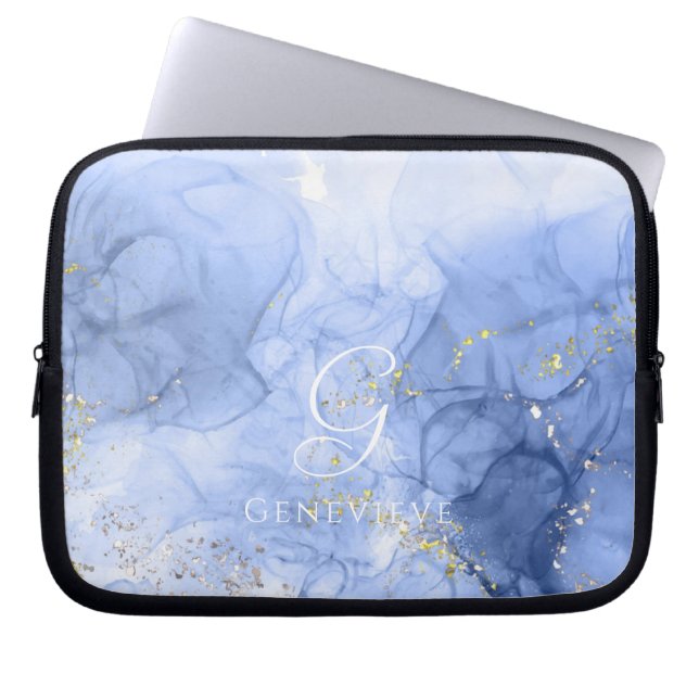 Blue Azure Waterverf Alcoholinkt  Laptop Sleeve (Voorkant)
