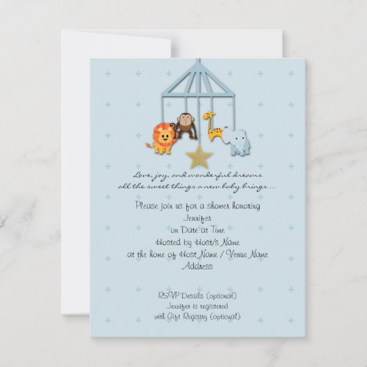 Blue Baby Animal Mobiel Baby shower Uitnodiging (Voorkant)