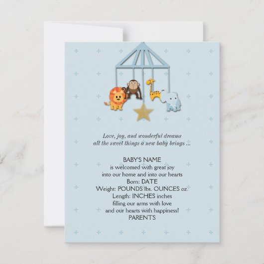 Blue Baby Animal Mobile Baby kondiging Aankondiging (Voorkant)