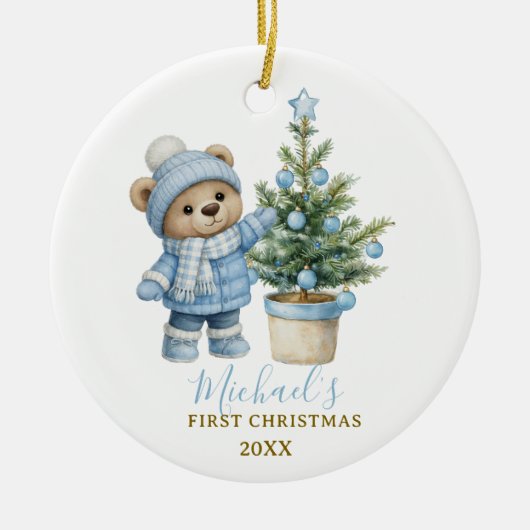 Blue Baby Bear First Christmas Keepsake Keramisch Ornament (Voorkant)