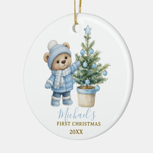 Blue Baby Bear First Christmas Keepsake Keramisch Ornament (Links)