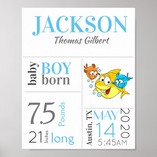 Blue Baby Birth Stat Sign met Baby Shark Poster (Voorkant)