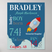 Blue Baby Birth Stats Sign. met Red Space Rocket Poster (Voorkant)