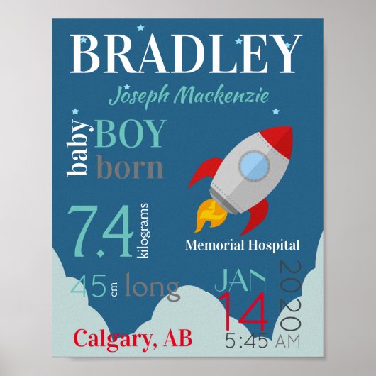 Blue Baby Birth Stats Sign. met Red Space Rocket Poster (Voorkant)