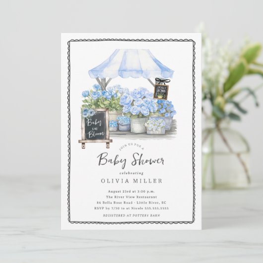 Blue Baby Bloom Douche Uitnodiging (Staand voorkant)