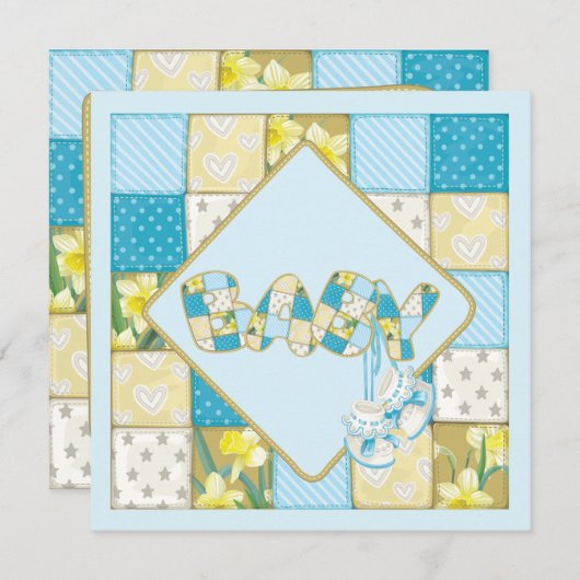 Blue Baby Booties en Patchwork Quilt Baby shower Kaart (Voorkant / Achterkant)