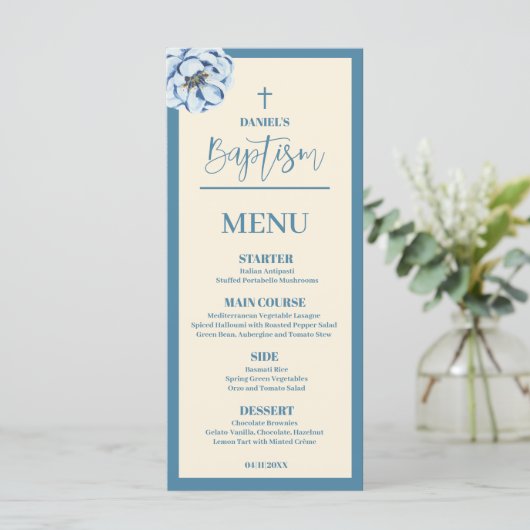 Blue Baby Boy 4x9 Baptism-menukaart Menu (Staand voorkant)