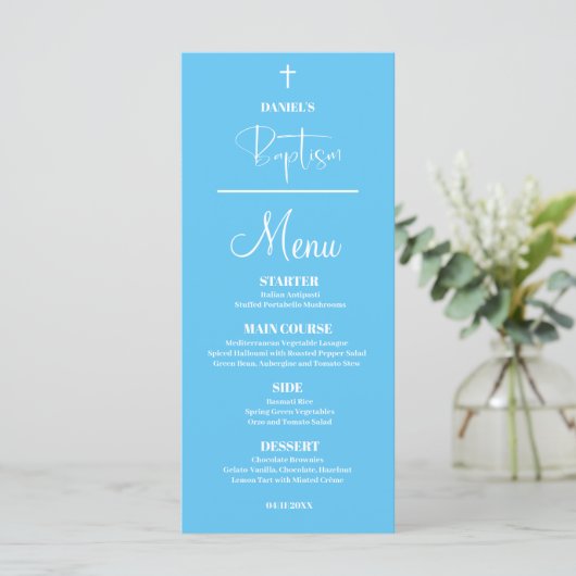 Blue Baby Boy 4x9 Baptism-menukaart Menu (Staand voorkant)