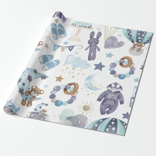 Blue Baby Boy Baby shower Baby Gift Wrap Cadeaupapier (Uitgerold)