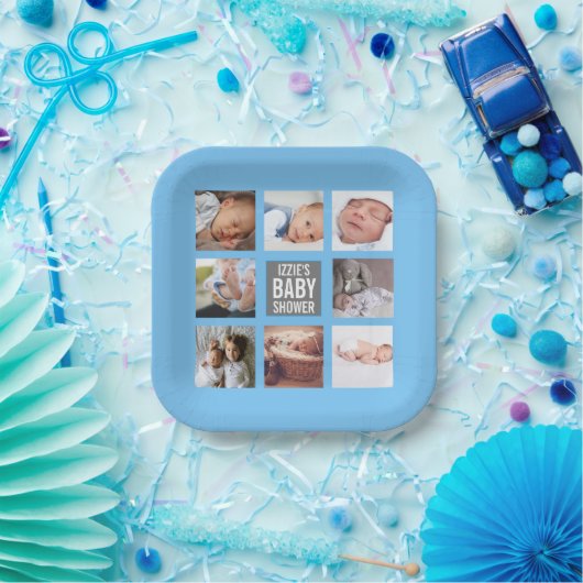 Blue Baby Boy Baby shower Foto Collage Papieren Bordje (Feest)