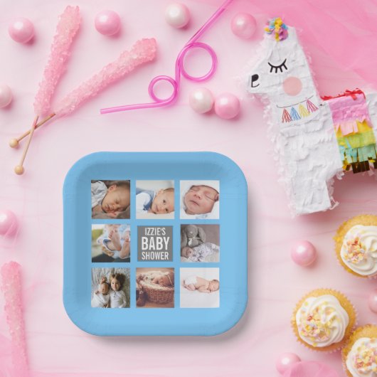 Blue Baby Boy Baby shower Foto Collage Papieren Bordje (Feest)