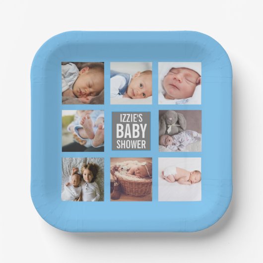 Blue Baby Boy Baby shower Foto Collage Papieren Bordje (Voorkant)