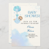 Blue Baby Boy Balloon Shower Invite Kaart (Voorkant / Achterkant)