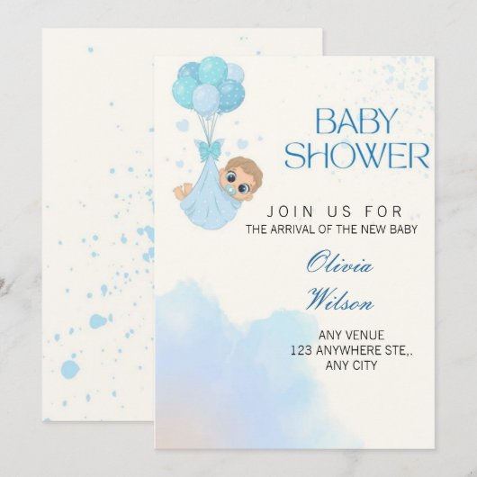 Blue Baby Boy Balloon Shower Invite Kaart (Voorkant / Achterkant)