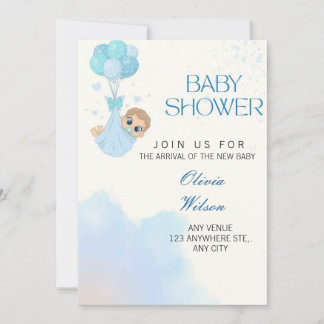 Blue Baby Boy Balloon Shower Invite Kaart