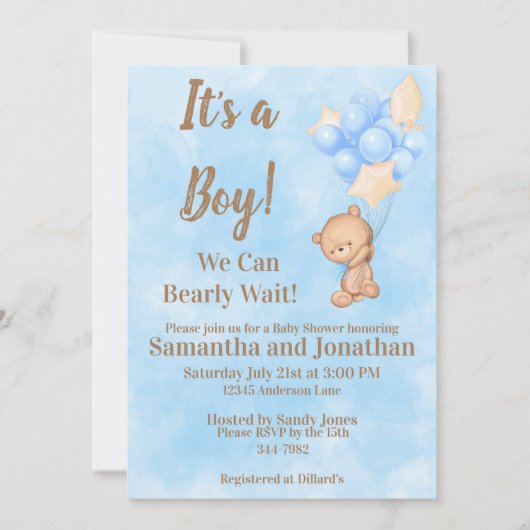 Blue Baby Boy Barly Wacht Teddy Bear Baby shower Kaart (Voorkant)