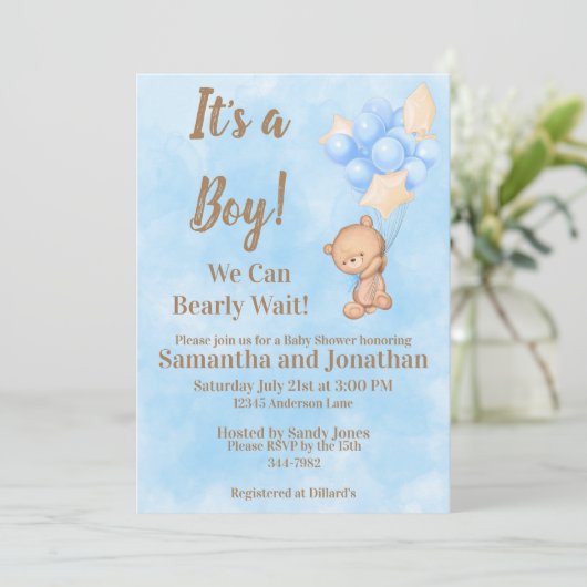 Blue Baby Boy Barly Wacht Teddy Bear Baby shower Kaart (Staand voorkant)