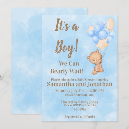 Blue Baby Boy Barly Wacht Teddy Bear Baby shower Kaart (Voorkant / Achterkant)