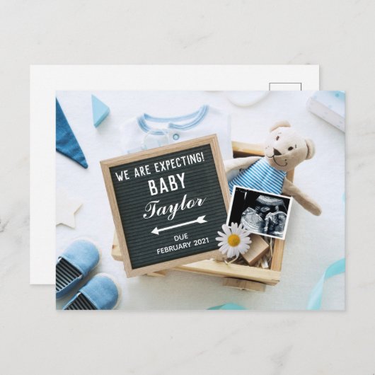 Blue Baby Boy Beer Zwangerschap Aankondiging Briefkaart (Voorkant / Achterkant)