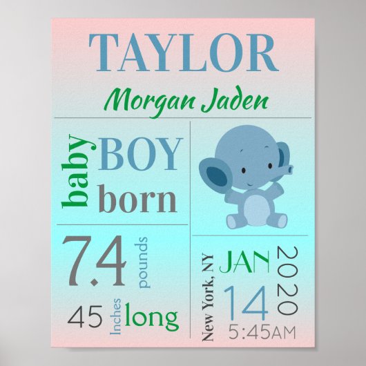 Blue Baby Boy Birth Stat Sign met ellephant Poster (Voorkant)