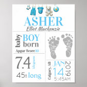 Blue Baby Boy Birth Stat Sign met voetafdruk Poster (Voorkant)