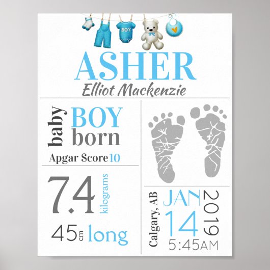 Blue Baby Boy Birth Stat Sign met voetafdruk Poster (Voorkant)