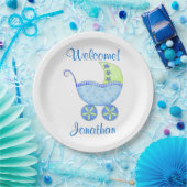 Blue Baby Boy Buggy Welkomstnaam Gepersonaliseerd Papieren Bordje (Feest)
