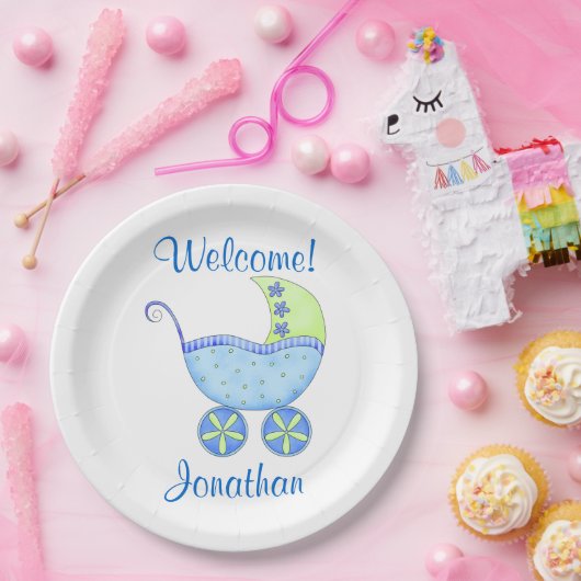 Blue Baby Boy Buggy Welkomstnaam Gepersonaliseerd Papieren Bordje (Feest)