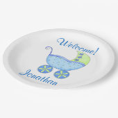Blue Baby Boy Buggy Welkomstnaam Gepersonaliseerd Papieren Bordje (Gekanteld)