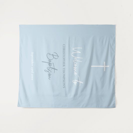 Blue Baby Boy Calligraphy Baptism Welcome Sign Wandkleed (Voorkant (horizontaal))