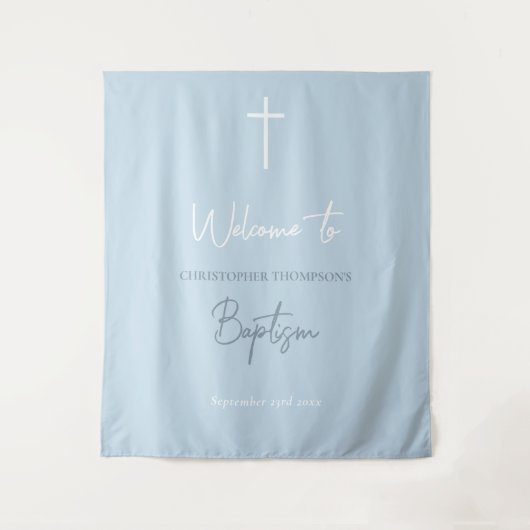 Blue Baby Boy Calligraphy Baptism Welcome Sign Wandkleed (Voorkant)