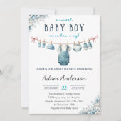 Blue Baby Boy Clothesline Baby shower Kaart (Voorkant)